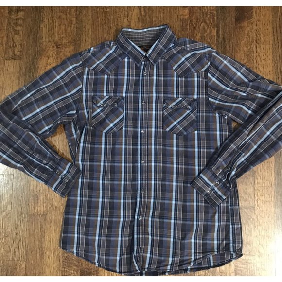 Ben Sherman Shirt Large Brown Blue Plaid Western Cowboy SmokiePearl Snaps Sz L - Picture 1 of 10